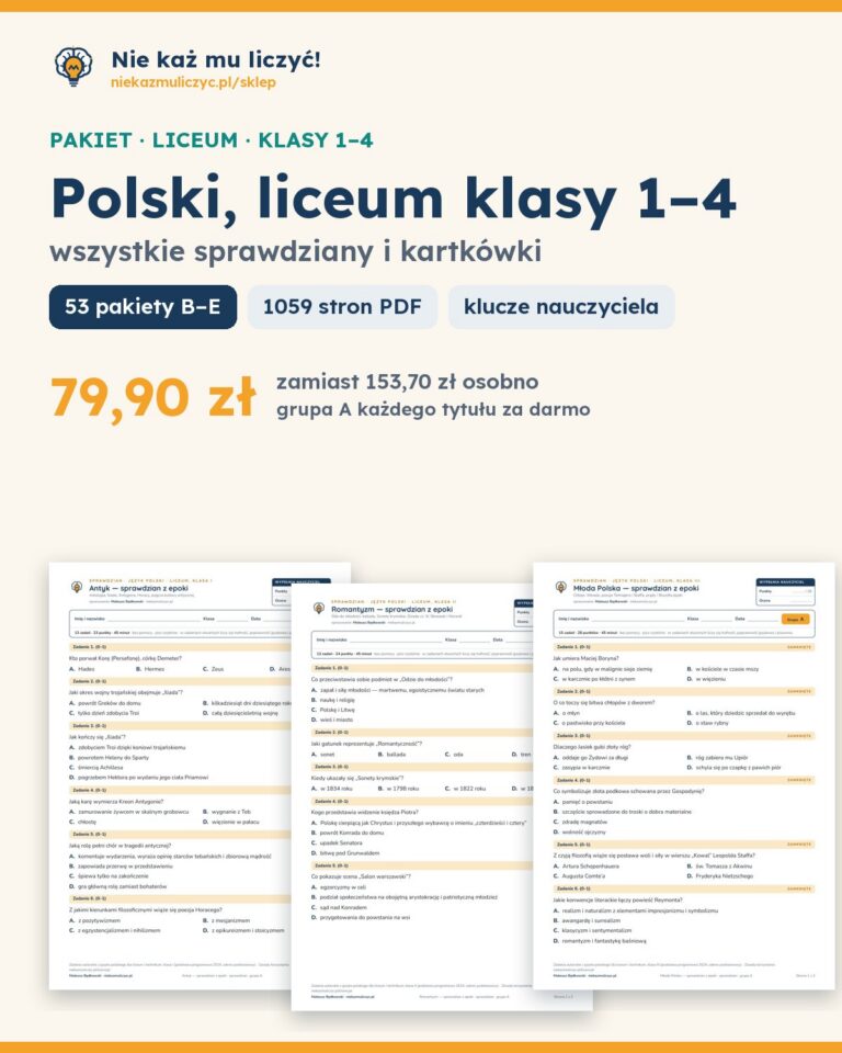Polski, liceum klasy 1–4 — wszystkie sprawdziany i kartkówki — pierwsza strona arkusza grupy A