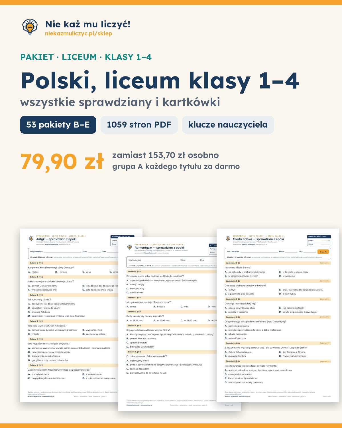 Okładka: Polski, liceum klasy 1–4 — wszystkie sprawdziany i kartkówki