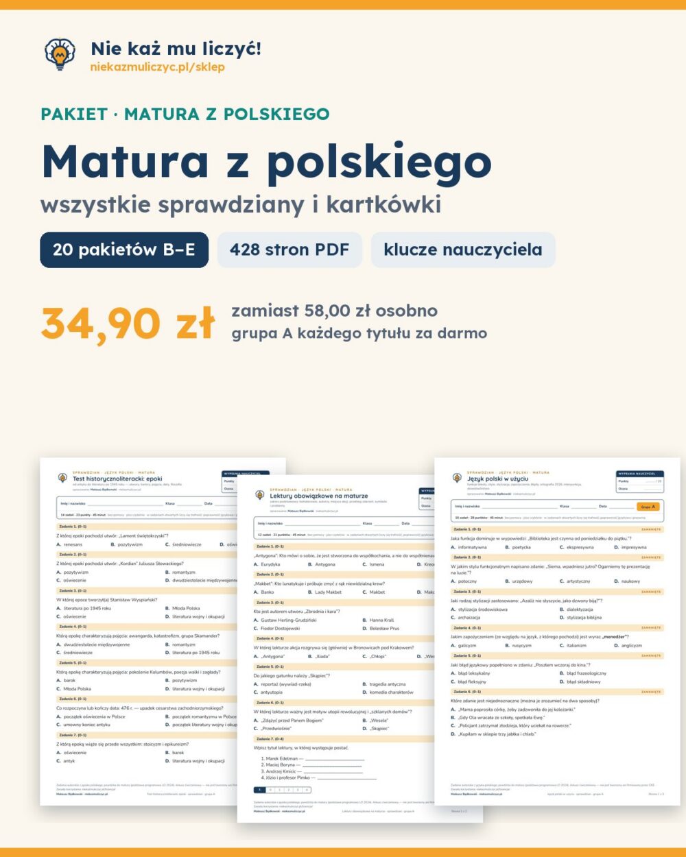 Matura z polskiego — wszystkie sprawdziany i kartkówki — pierwsza strona arkusza grupy A