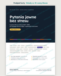 Pytania jawne: Dziady cz. III – 9 opracowań na maturę ustną — podgląd karty, strona otwierająca: najważniejsze sceny „Dziady cz. III” i lista pytań