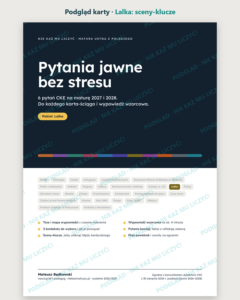 Pytania jawne: Lalka – 6 opracowań na maturę ustną — podgląd karty, strona otwierająca: najważniejsze sceny „Lalka” i lista pytań