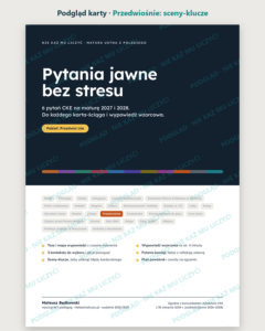 Pytania jawne: Przedwiośnie – 6 opracowań na maturę ustną — podgląd karty, strona otwierająca: najważniejsze sceny „Przedwiośnie” i lista pytań