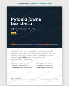 Pytania jawne: Dżuma – 4 opracowania na maturę ustną — podgląd karty, strona otwierająca: najważniejsze sceny „Dżuma” i lista pytań