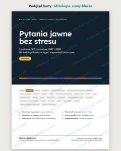 Pytania jawne: Mitologia – 3 opracowania na maturę ustną — podgląd karty, strona otwierająca: najważniejsze sceny „Mitologia” i lista pytań