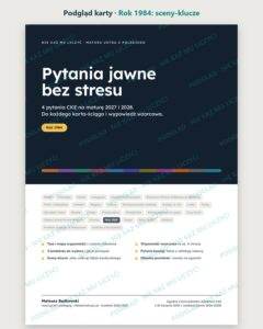 Pytania jawne: Rok 1984 – 4 opracowania na maturę ustną — podgląd karty, strona otwierająca: najważniejsze sceny „Rok 1984” i lista pytań