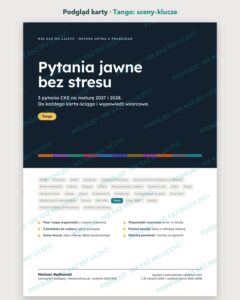 Pytania jawne: Tango – 3 opracowania na maturę ustną — podgląd karty, strona otwierająca: najważniejsze sceny „Tango” i lista pytań