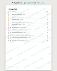 Pytania jawne 2027–2028: antyk–oświecenie, 18 pytań — podgląd karty, spis wszystkich 18 pytań z numerami stron