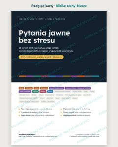 Pytania jawne 2027–2028: antyk–oświecenie, 18 pytań — podgląd karty, strona otwierająca lekturę „Biblia”: sceny-klucze i lista pytań