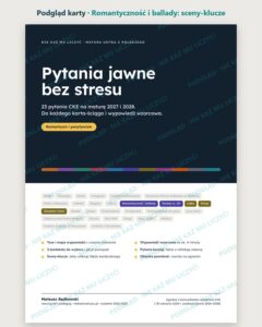Pytania jawne 2027–2028: romantyzm i pozytywizm, 23 pytania — podgląd karty, strona otwierająca lekturę „Romantyczność i ballady”: sceny-klucze i lista pytań