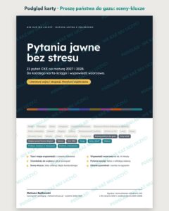 Pytania jawne 2027–2028: wojna i współczesność, 21 pytań — podgląd karty, strona otwierająca lekturę „Proszę państwa do gazu”: sceny-klucze i lista pytań