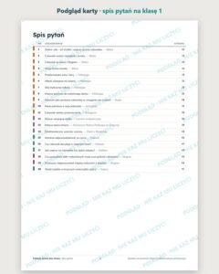 Pytania jawne 2029–2031, klasa 1: antyk–oświecenie, 20 pytań — podgląd karty, spis wszystkich 20 pytań z numerami stron