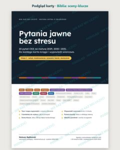 Pytania jawne 2029–2031, klasa 1: antyk–oświecenie, 20 pytań — podgląd karty, strona otwierająca lekturę „Biblia”: sceny-klucze i lista pytań