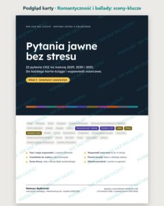 Pytania jawne 2029–2031, klasa 2: romantyzm i pozytywizm, 22 pytania — podgląd karty, strona otwierająca lekturę „Romantyczność i ballady”: sceny-klucze i lista pytań