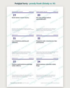 Fiszki: pytania jawne 2027–2028 – 76 fiszek do druku — podgląd karty, arkusz z przodami sześciu fiszek: numer, lektura, zagadnienie i polecenie