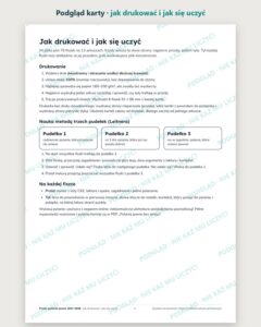 Fiszki: pytania jawne 2027–2028 – 76 fiszek do druku — podgląd karty, strona z instrukcją druku dwustronnego i nauki metodą trzech pudełek