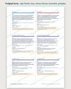 Fiszki: pytania jawne 2029–2031 – 78 fiszek do druku — podgląd karty, arkusz z tyłami fiszek: teza, słowa-klucze, kontekst i pułapka