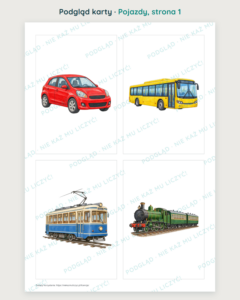 Ruchomy alfabet: Pojazdy — 48 kart PDF z kluczem — podgląd karty, strona 1
