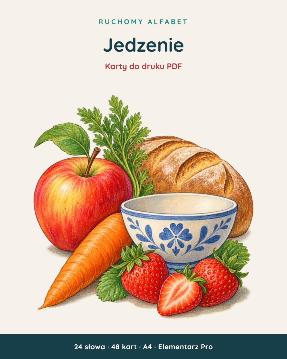 Ruchomy alfabet: Jedzenie — 48 kart PDF z kluczem — okładka