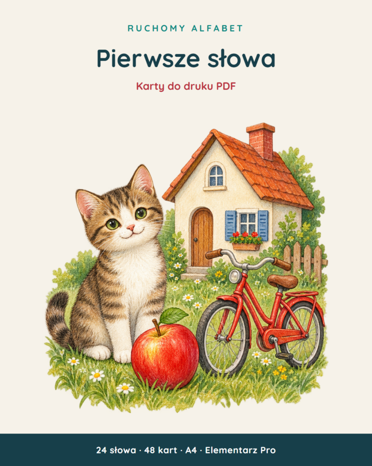 Ruchomy alfabet: Pierwsze słowa — 48 kart PDF z kluczem — okładka