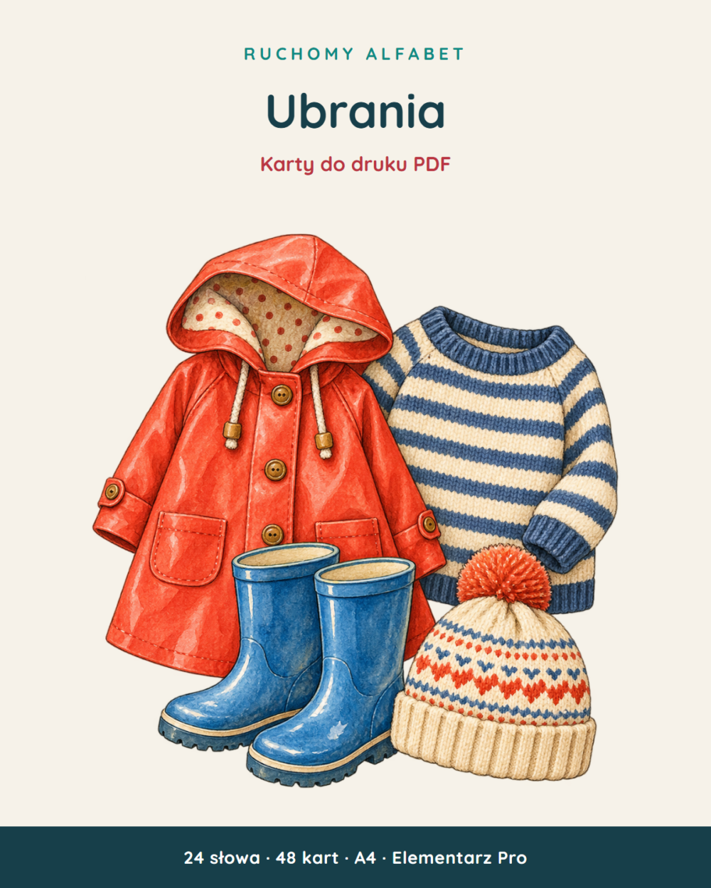 Ruchomy alfabet: Ubrania — 48 kart PDF z kluczem — okładka