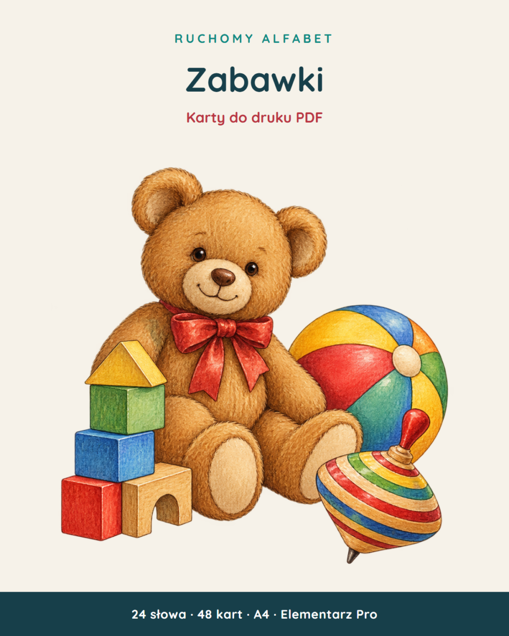 Ruchomy alfabet: Zabawki — 48 kart PDF z kluczem — okładka