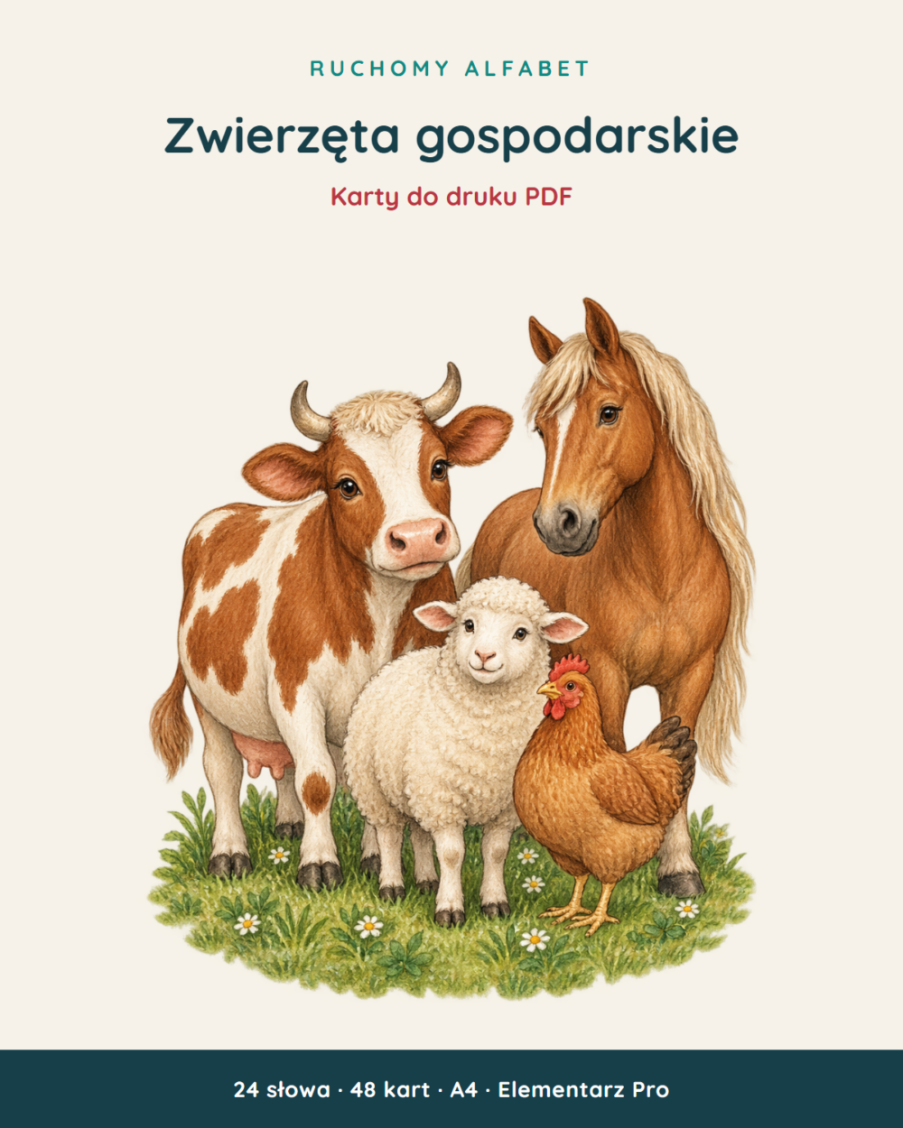 Ruchomy alfabet: Zwierzęta gospodarskie — 48 kart PDF z kluczem — okładka