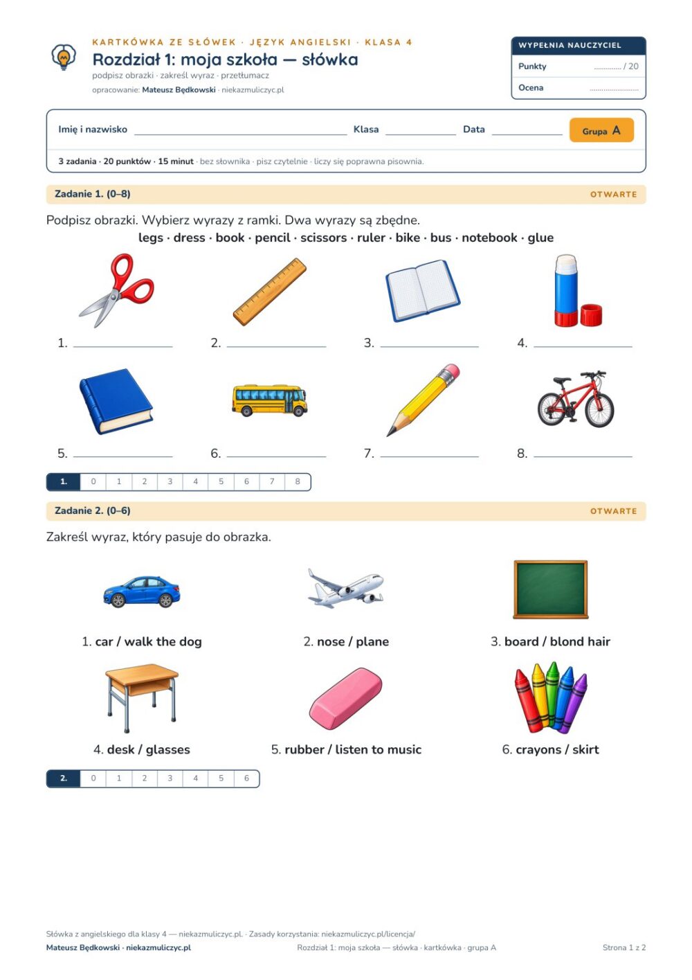Słówka z angielskiego klasa 4 — 9 kartkówek z obrazkami, A–E PDF — okładka