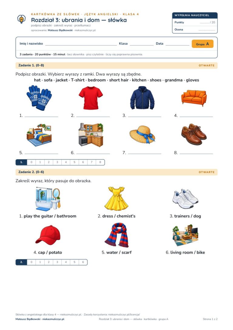 Kartkówka ze słówek angielski klasa 4 unit 3: ubrania i dom — B–E — okładka