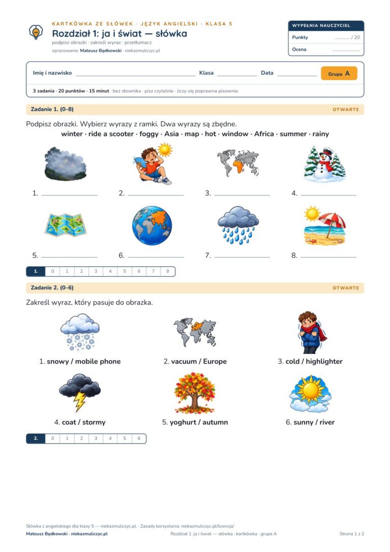Słówka z angielskiego klasa 5 — 9 kartkówek z obrazkami, A–E PDF — okładka