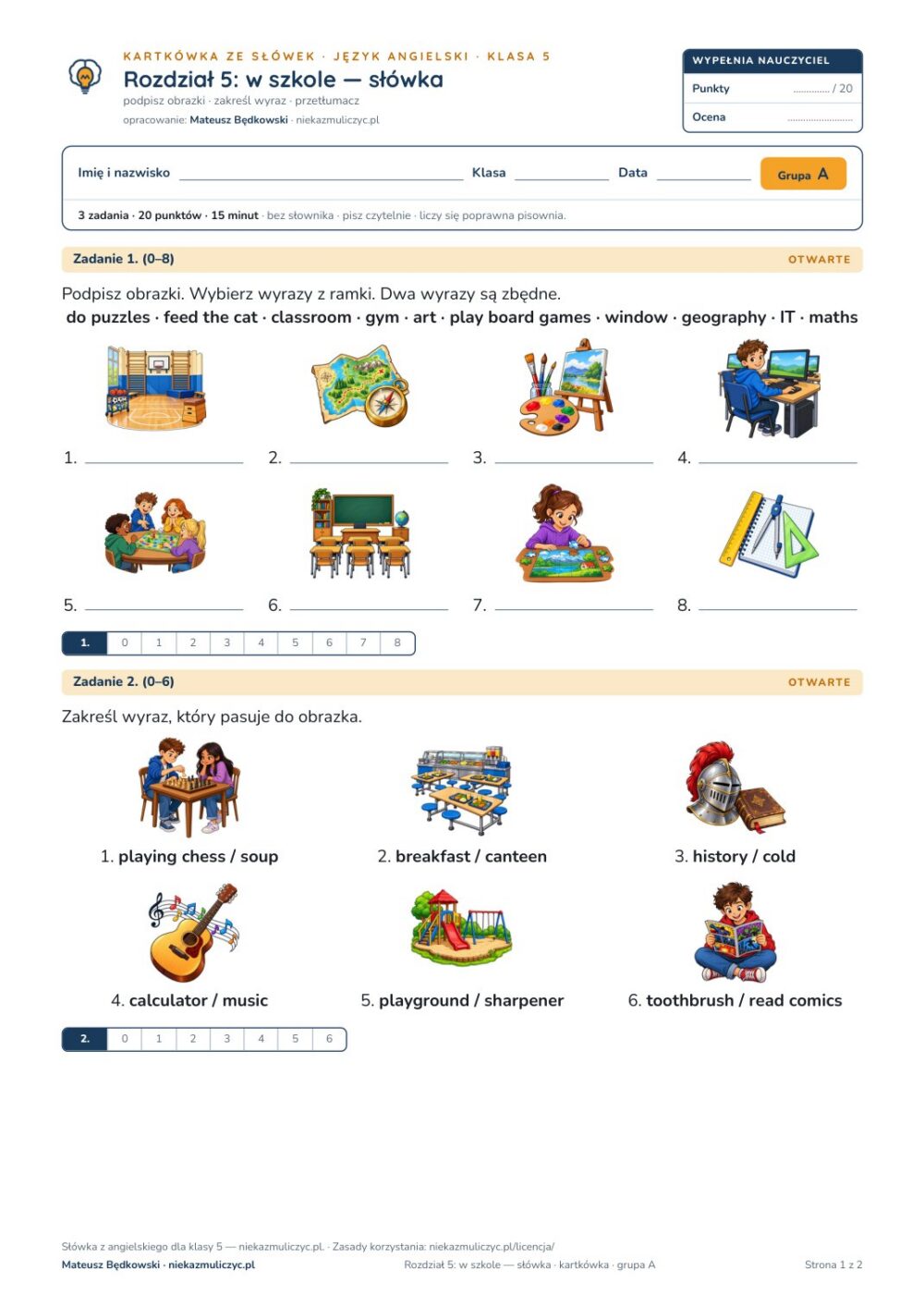 Kartkówka ze słówek angielski klasa 5 unit 5: w szkole — B–E — okładka