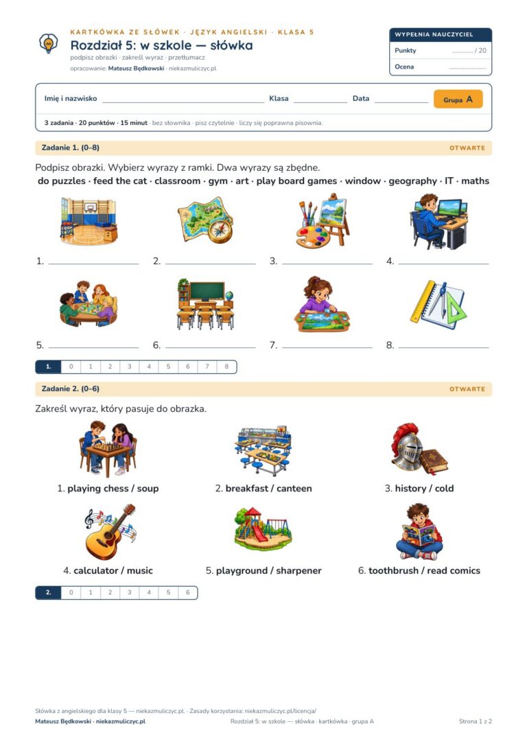 Kartkówka ze słówek angielski klasa 5 unit 5: w szkole — B–E — okładka