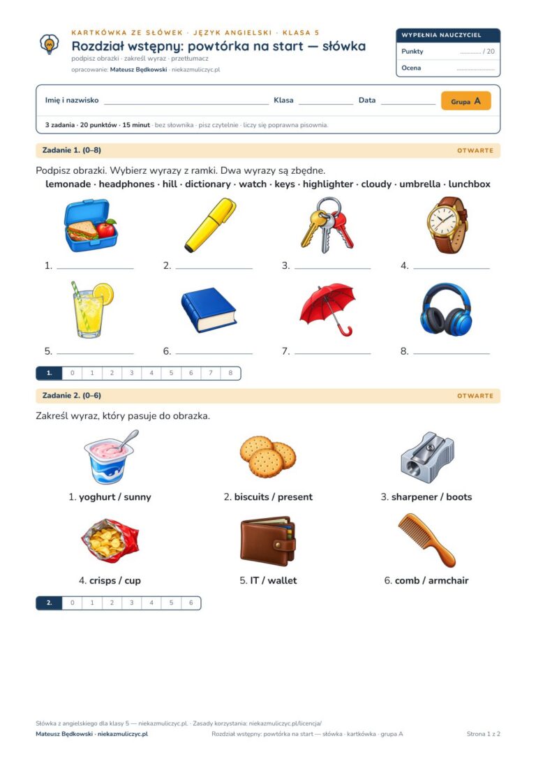 Kartkówka ze słówek angielski klasa 5 welcome: powtórka na start — B–E — okładka