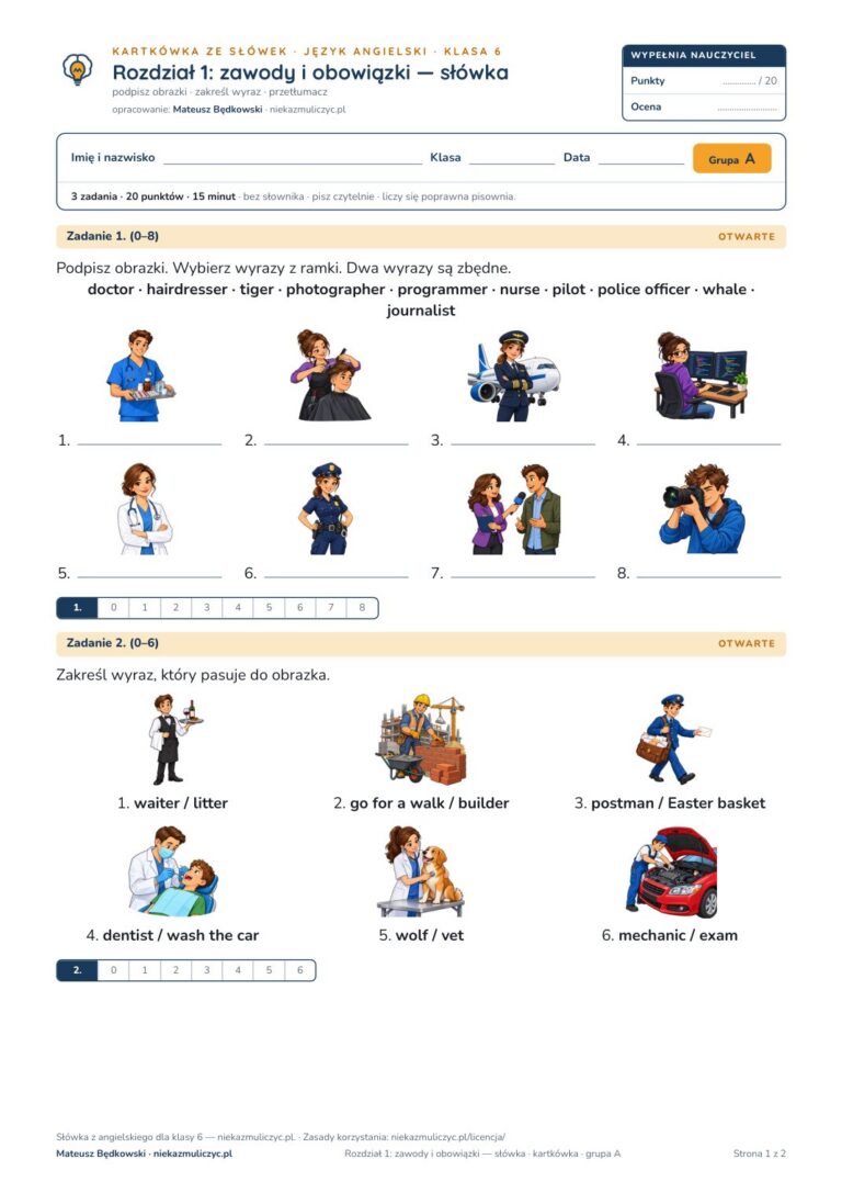 Słówka z angielskiego klasa 6 — 9 kartkówek z obrazkami, A–E PDF — okładka