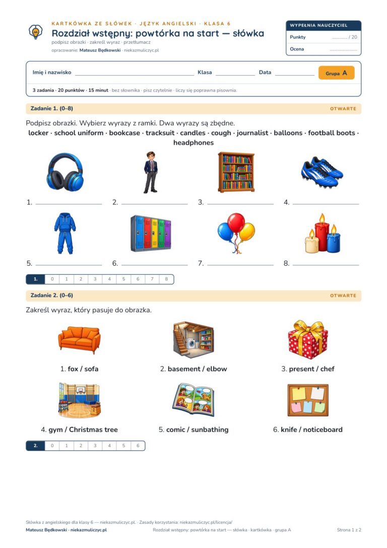 Kartkówka ze słówek angielski klasa 6 welcome: powtórka na start — B–E — okładka