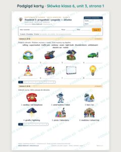 Słówka z angielskiego klasa 6 — 9 kartkówek z obrazkami, A–E PDF — podgląd karty 1