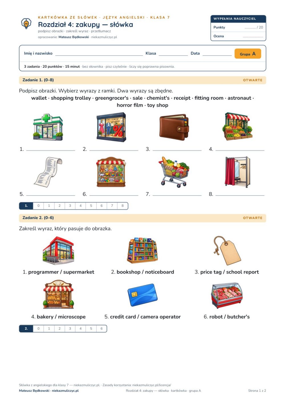 Kartkówka ze słówek angielski klasa 7 unit 4: zakupy — B–E — okładka