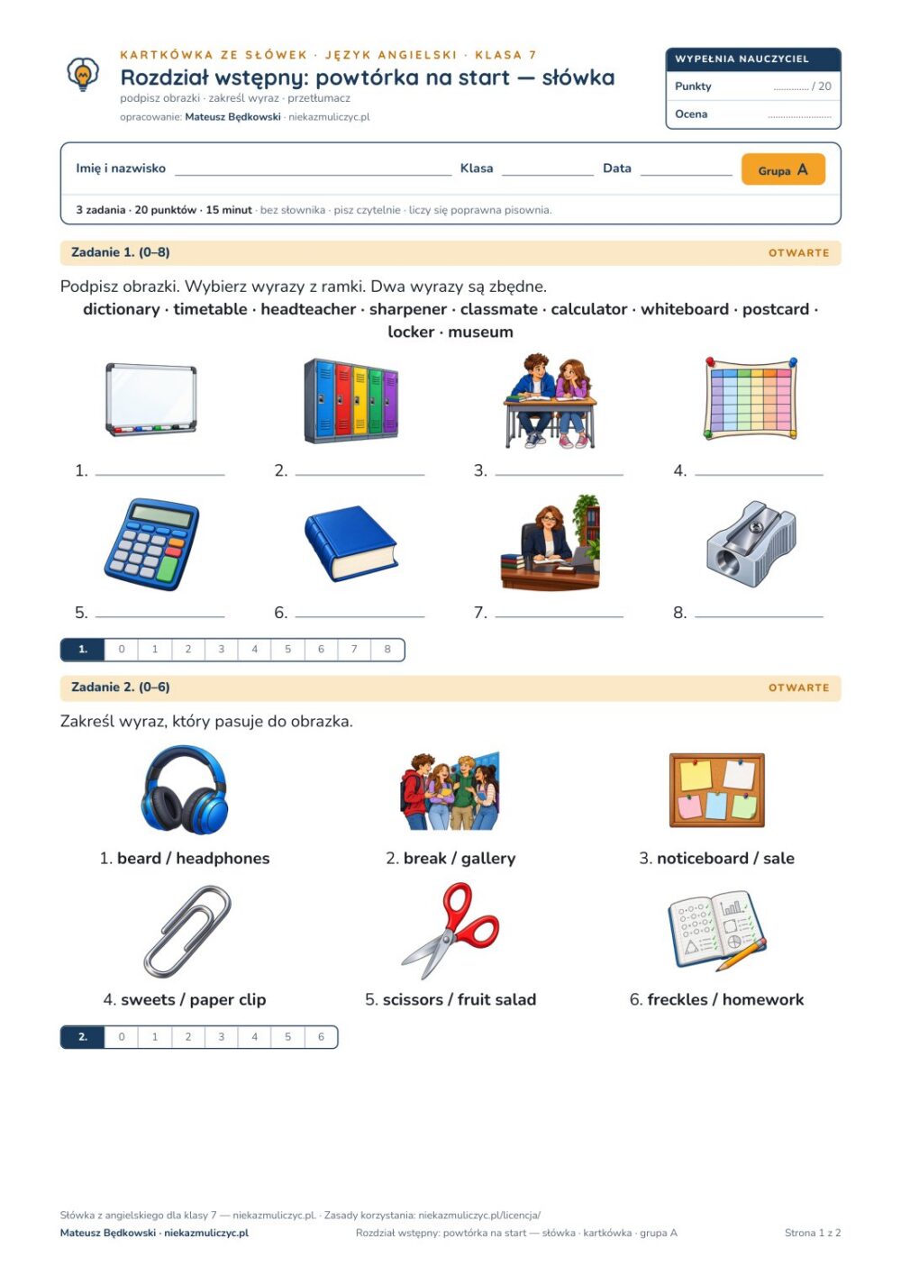 Kartkówka ze słówek angielski klasa 7 welcome: powtórka na start — B–E — okładka