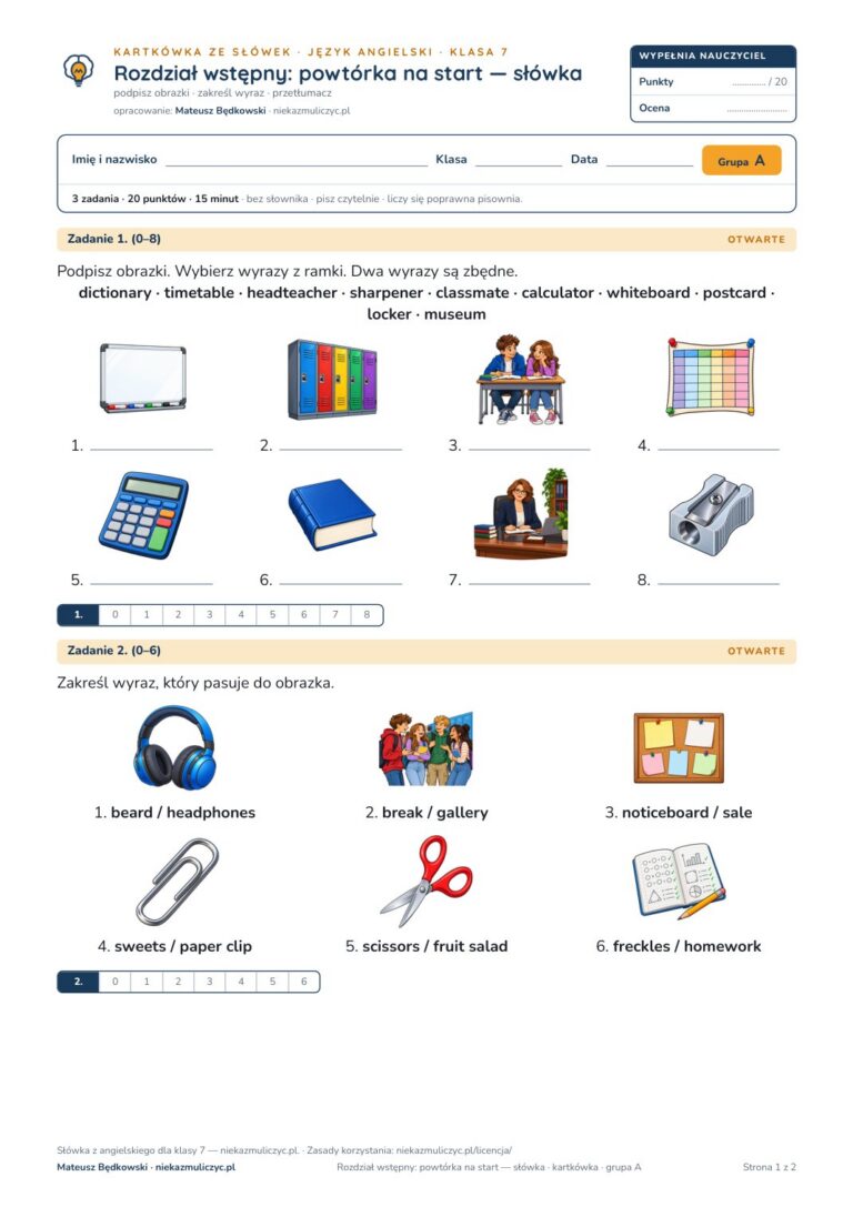 Kartkówka ze słówek angielski klasa 7 welcome: powtórka na start — B–E — okładka