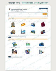Słówka z angielskiego klasa 7 — 9 kartkówek z obrazkami, A–E PDF — podgląd karty 1