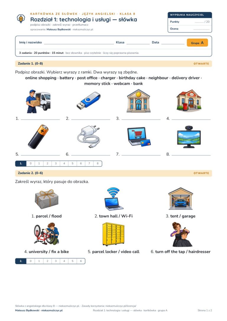Słówka z angielskiego klasa 8 — 9 kartkówek z obrazkami, A–E PDF — okładka