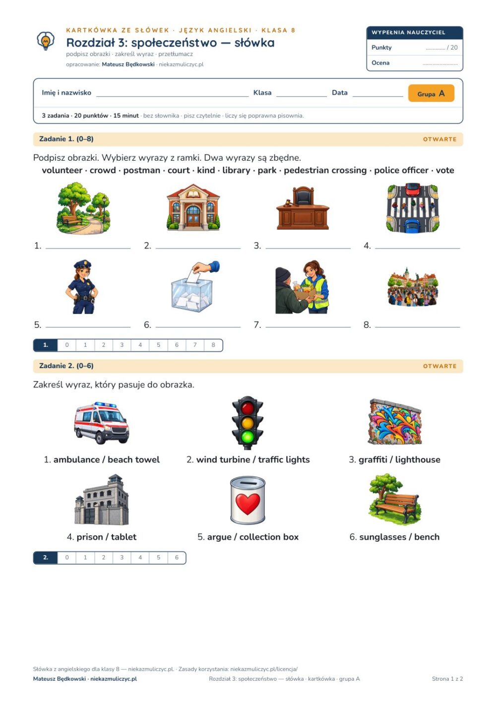 Kartkówka ze słówek angielski klasa 8 unit 3: społeczeństwo — B–E — okładka