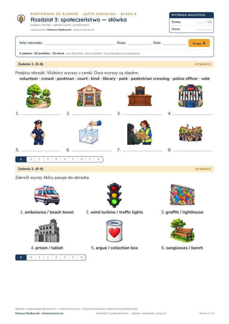 Kartkówka ze słówek angielski klasa 8 unit 3: społeczeństwo — B–E — okładka
