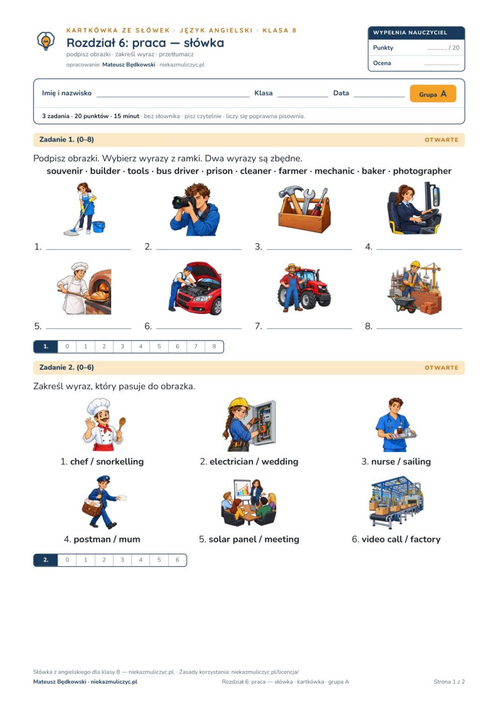 Kartkówka ze słówek angielski klasa 8 unit 6: praca — B–E — okładka