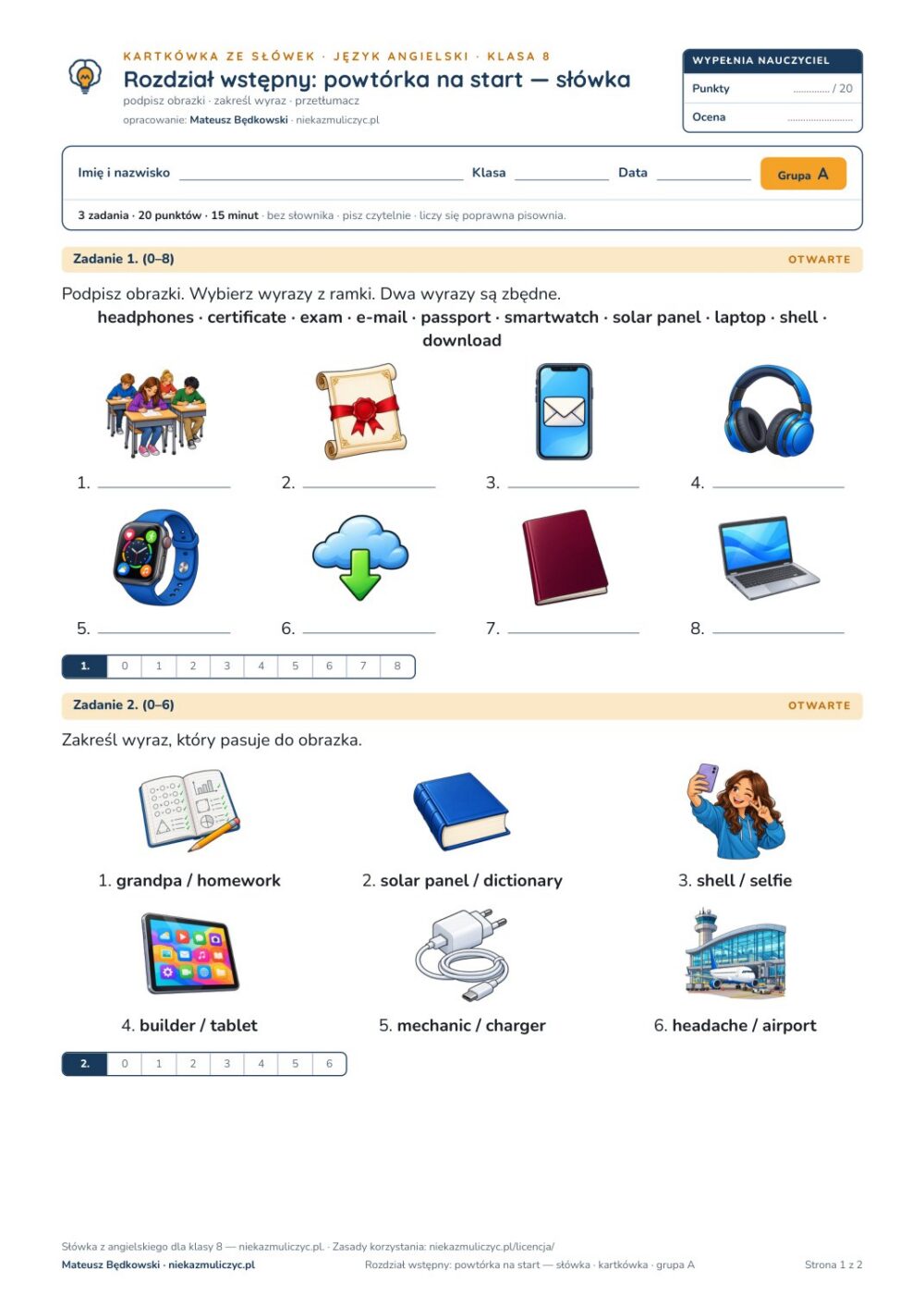Kartkówka ze słówek angielski klasa 8 welcome: powtórka na start — B–E — okładka