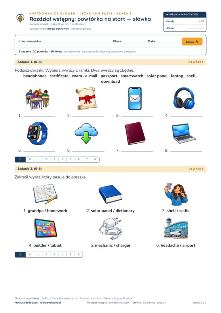 Kartkówka ze słówek angielski klasa 8 welcome: powtórka na start — B–E — okładka