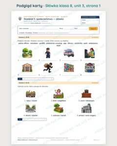 Słówka z angielskiego klasa 8 — 9 kartkówek z obrazkami, A–E PDF — podgląd karty 1