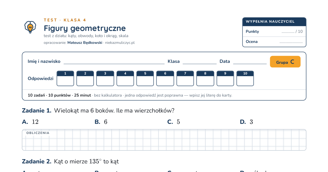 Figury geometryczne — test, klasa 4, fragment arkusza ucznia grupy C