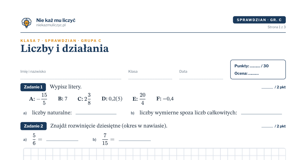 Liczby i działania — sprawdzian, klasa 7, fragment arkusza ucznia grupy C