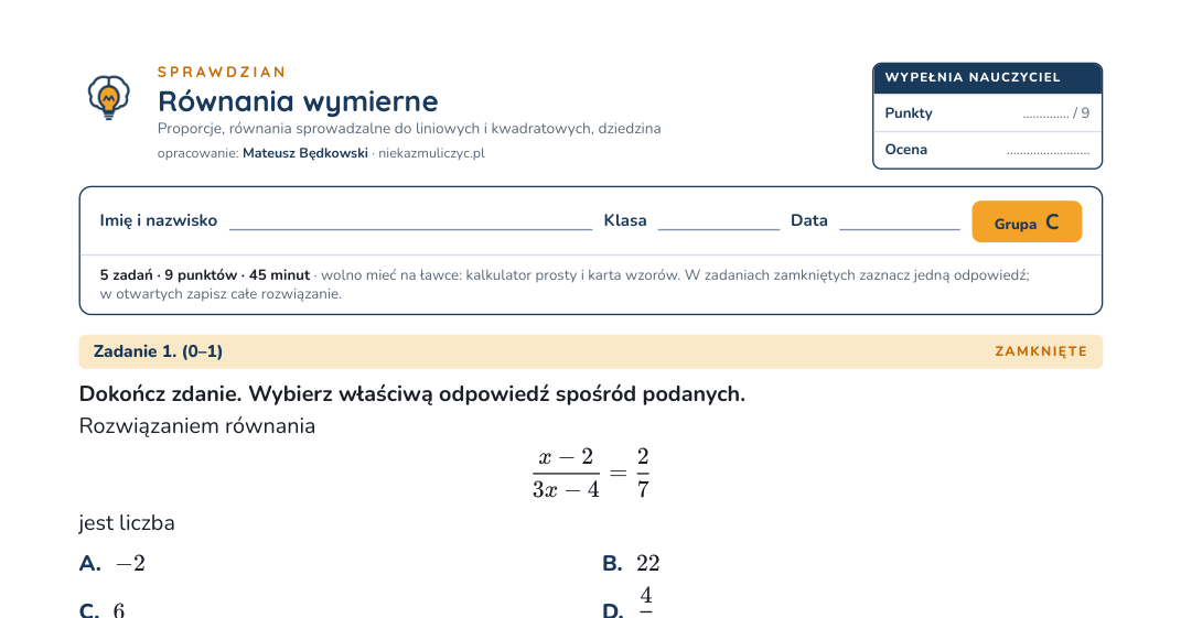 Równania wymierne — sprawdzian, liceum klasa 2, fragment arkusza ucznia grupy C