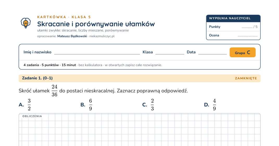 Skracanie i porównywanie ułamków — kartkówka, klasa 5, fragment arkusza ucznia grupy C
